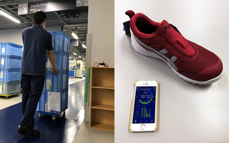 (左)作業者と受信機、(右)スマートフォンの画面例